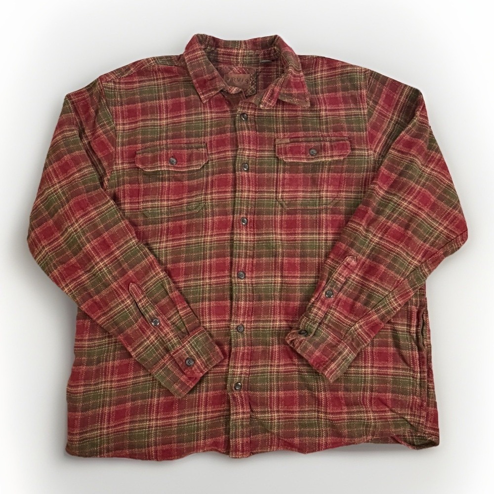 Orvis Flannel Shirt Men's XXL Red Plaid Outdoor Heavy Cotton Shirt Fishing